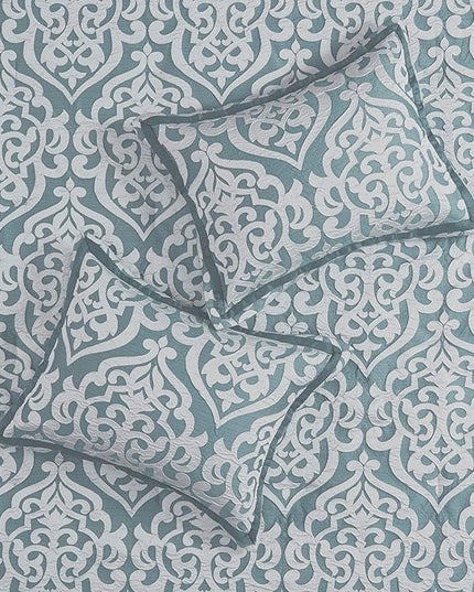 Madison Park Odette Cozy Comforter Set Jacquard Damask Medallion Design - Modern All Season, Down Alternative Bedding, Shams, Decorative Pillows, Queen(90 in x 90 in), Aqua - LeafyLoom