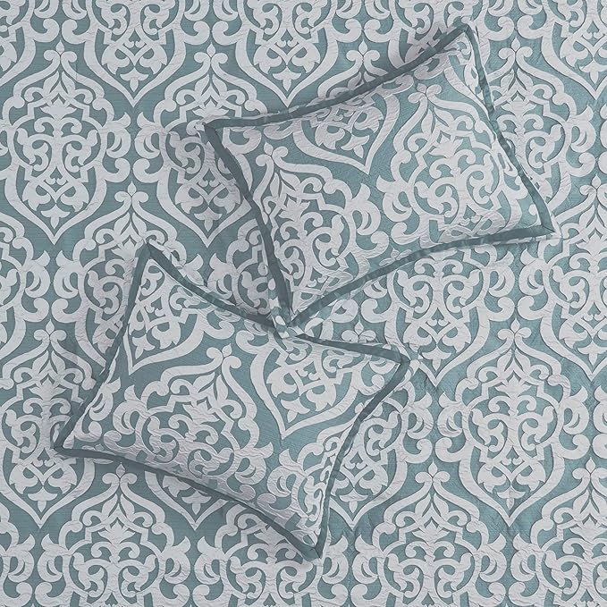 Madison Park Odette Cozy Comforter Set Jacquard Damask Medallion Design - Modern All Season, Down Alternative Bedding, Shams, Decorative Pillows, Queen(90 in x 90 in), Aqua - LeafyLoom