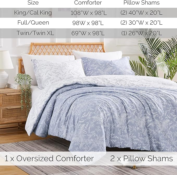 Southshore Fine Living, Inc. Full/Queen Comforter Set, Down Alternative Floral Comforter with Matching Shams, Reversible Print is 2 Colors in 1, Fits Queen & Full Beds, Winter Brush Blue/White - LeafyLoom