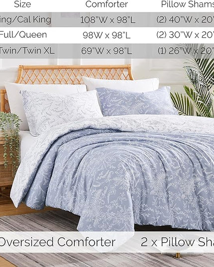 Southshore Fine Living, Inc. Oversized King Comforter Set, Down Alternative Floral Comforter with Matching Shams, Reversible Print is 2 Colors in 1, Fits King/Cal King, Winter Brush Blue/White - LeafyLoom