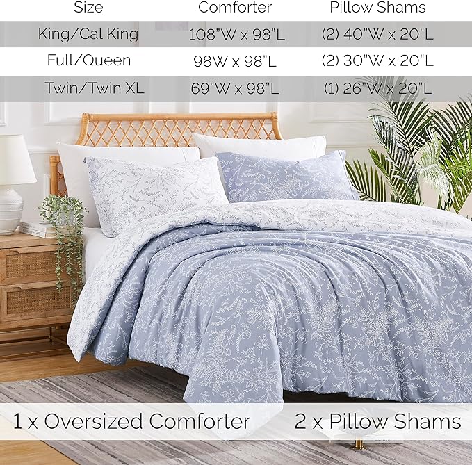 Southshore Fine Living, Inc. Oversized King Comforter Set, Down Alternative Floral Comforter with Matching Shams, Reversible Print is 2 Colors in 1, Fits King/Cal King, Winter Brush Blue/White - LeafyLoom