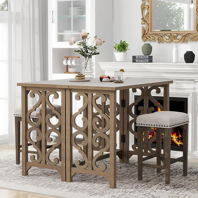Extendable Dining 3-Piece Retro Solid Wood Counter Height Pub Set with Foldable Table and 2 Saddle Stools Brown for Kitchen and Small Spaces,Distressed - LeafyLoom
