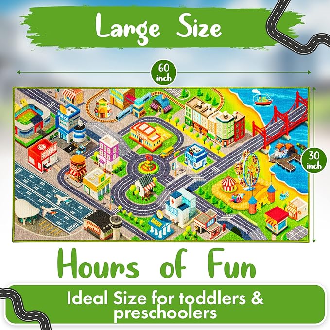 Kids Carpet Playmat City Life 3D Playroom Rug | 30 x 60 Inch Extra Large Toddler Activity Mat for Race Cars & Toys | Playroom Rug Makes a Fun Educational Gift Idea for Boys & Girls - LeafyLoom