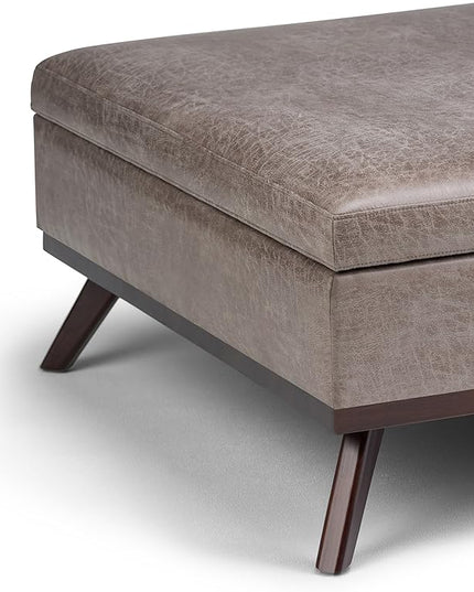 SIMPLIHOME Owen 36 Inch Wide Mid Century Modern Square Coffee Table Lift Top Storage Ottoman in Upholstered Distressed Grey Taupe Faux Leather, For the Living Room - LeafyLoom
