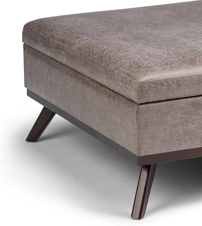 SIMPLIHOME Owen 36 Inch Wide Mid Century Modern Square Coffee Table Lift Top Storage Ottoman in Upholstered Distressed Grey Taupe Faux Leather, For the Living Room - LeafyLoom