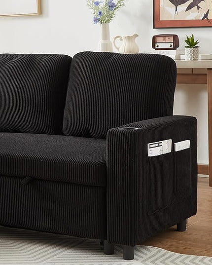 3 Seater Reversible Sleeper Sectional Sofa Bed with Storage Chaise Lounge and Cupholders, Corduroy Upholstered Convertible Sofabed Corner Couch,L Shaped Sofá for Living Room Office, Black 78.5" - LeafyLoom