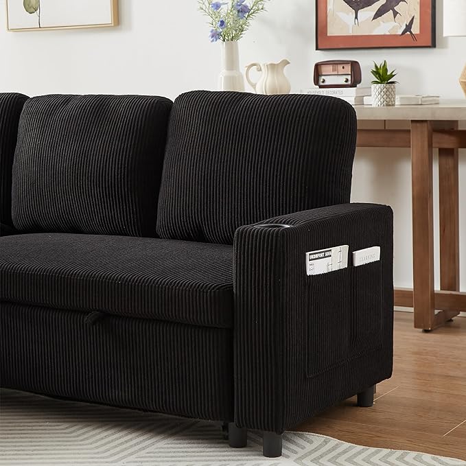 3 Seater Reversible Sleeper Sectional Sofa Bed with Storage Chaise Lounge and Cupholders, Corduroy Upholstered Convertible Sofabed Corner Couch,L Shaped Sofá for Living Room Office, Black 78.5" - LeafyLoom