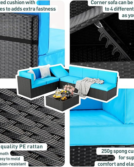 Pamapic Patio Furniture Set, 7 Pieces Modular Outdoor Sectional, Patio Sectional Sofa Conversation Set, Rattan Sofa with Coffee Table and Washable Cushions Covers, Black Rattan and Blue Cushions - LeafyLoom