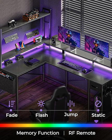 L Shaped Desk Computer Desk with LED Lights & Power Outlets, Gaming Desk with Storage Shelves, Corner Desk Home Office Desks for Bedroom, Carbon Fiber Black - LeafyLoom
