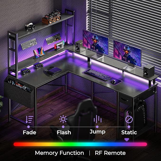 L Shaped Desk Computer Desk with LED Lights & Power Outlets, Gaming Desk with Storage Shelves, Corner Desk Home Office Desks for Bedroom, Carbon Fiber Black - LeafyLoom