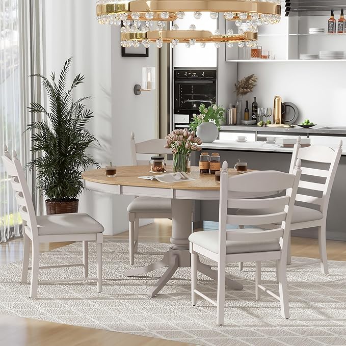 RITSU 5-Piece Round Extendable Dining Set, Included Solid Wood 42"-58'' Adjustable Tables and 4 Upholstered Chairs, Retro Functional Dinette Furniture for Kitchen Living Room, Off White - LeafyLoom