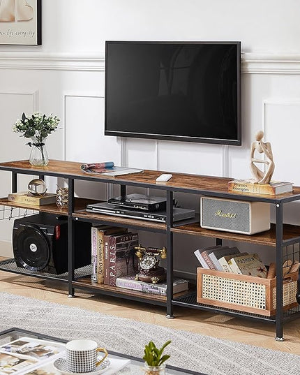 VECELO TV Stand for Televisions up to 75 Inch, Industrial Entertainment Center with 3-Tier Open Storage Shelves& Hooks for Living, Bedroom and Gaming Room, 70 Inch, Retro Brown - LeafyLoom