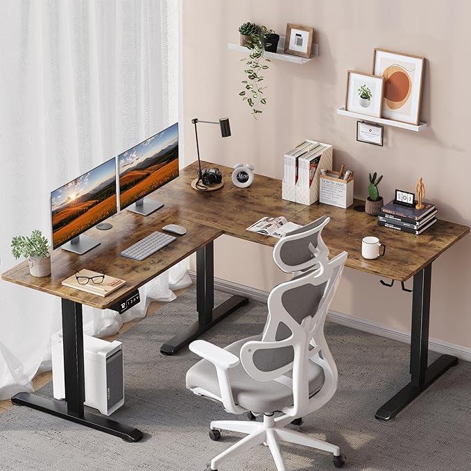 L-Shaped Electric Standing Desk, 63 x 55 Inches Height Adjustable Coner Table, Home Office Computer Workstation, Rustic Brown, 63 x 55 Inch - LeafyLoom