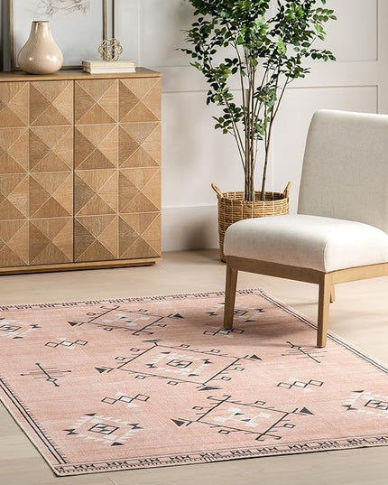 nuLOOM Evalyn Southwestern Machine Washable Ultra Thin Area Rug, 5' x 8', Pink - LeafyLoom