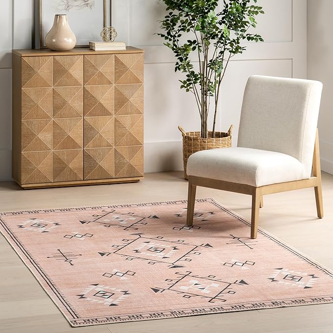 nuLOOM Evalyn Southwestern Machine Washable Ultra Thin Area Rug, 5' x 8', Pink - LeafyLoom