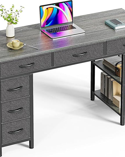 Computer Desk with 6 Drawers, 47 Inch Office Desk with Shelves, Reversible Gaming Desk, Corner Desk with Storage, Work Desk for Home Office, Study, Living Room, Gray - LeafyLoom