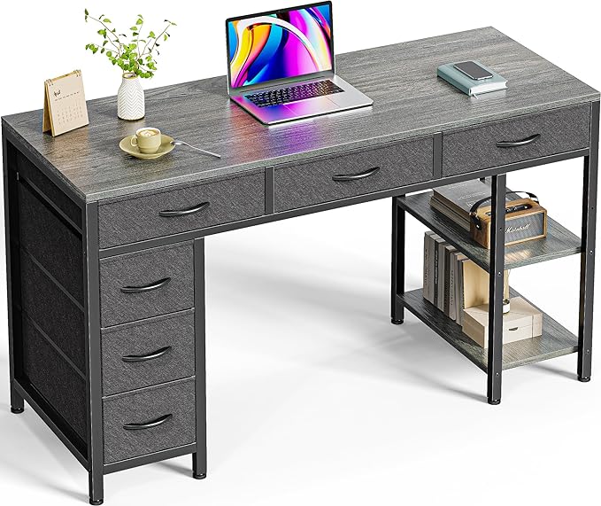 Computer Desk with 6 Drawers, 47 Inch Office Desk with Shelves, Reversible Gaming Desk, Corner Desk with Storage, Work Desk for Home Office, Study, Living Room, Gray - LeafyLoom