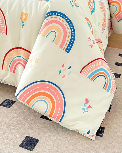 Btargot Lightweight Soft 3 Piece Rainbow Comforter Set with 2 Pillow Covers, Cartoon Love Hearts Flowers and Grass Bedding Set for Girls Boys Kids, Twin Multi-Color - LeafyLoom