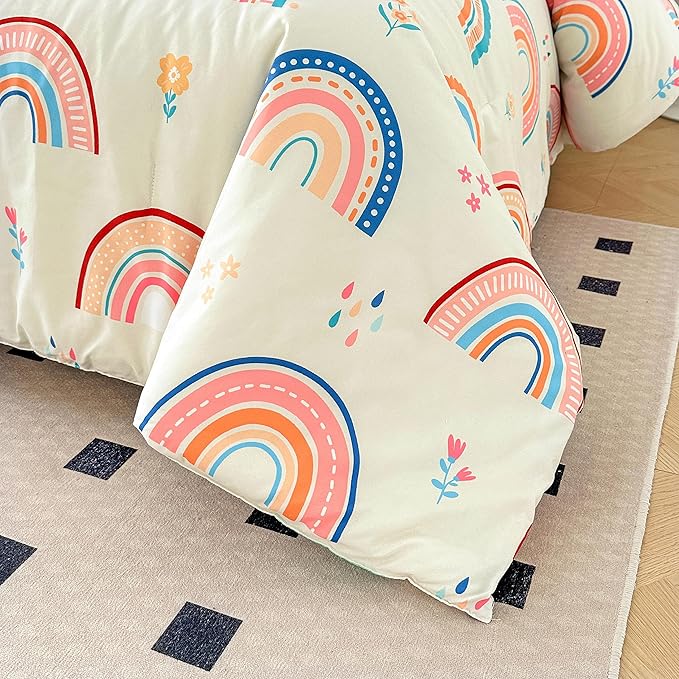 Btargot Lightweight Soft 3 Piece Rainbow Comforter Set with 2 Pillow Covers, Cartoon Love Hearts Flowers and Grass Bedding Set for Girls Boys Kids, Twin Multi-Color - LeafyLoom