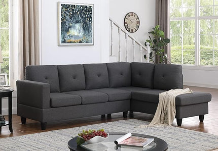 LOVMOR Living Room L-Shape Sectional Sofa with Right Facing Chaise, Linen Upholstered Reversible Corner Couch for Home, Small Space, Apartment, Dark Gray, 96 Inch - LeafyLoom