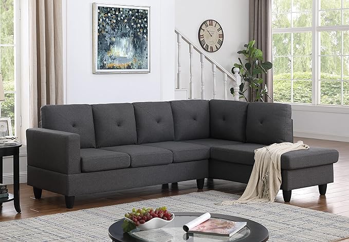 LOVMOR Living Room L-Shape Sectional Sofa with Right Facing Chaise, Linen Upholstered Reversible Corner Couch for Home, Small Space, Apartment, Dark Gray, 96 Inch - LeafyLoom