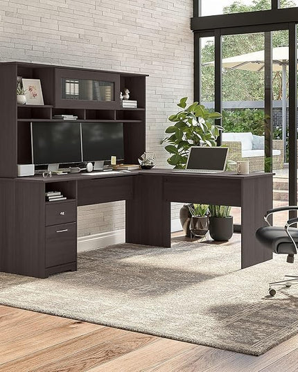 Bush Furniture Cabot Desks for Home Office with Storage and Chrome Hardware | Elegant Computer Table with Drawers, 72W, Heather Gray - LeafyLoom