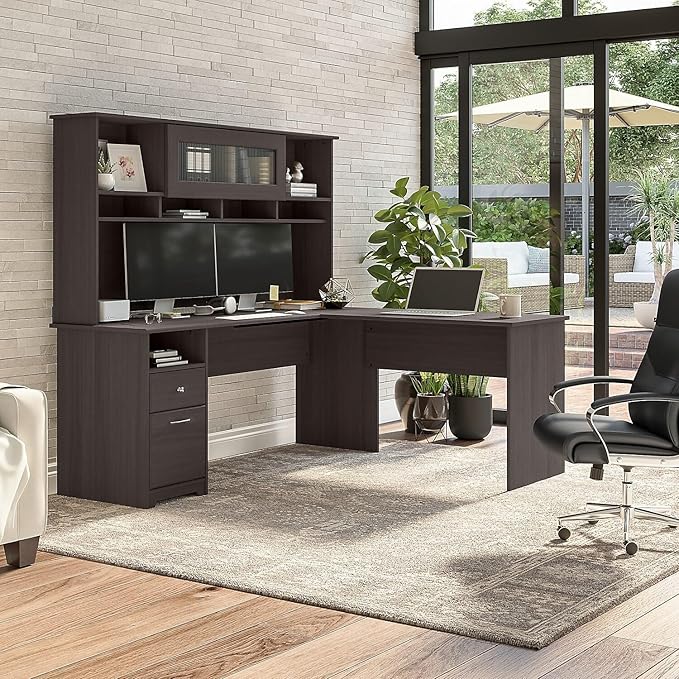 Bush Furniture Cabot Desks for Home Office with Storage and Chrome Hardware | Elegant Computer Table with Drawers, 72W, Heather Gray - LeafyLoom