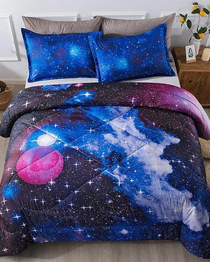Litanika 3D Galaxy Comforter Queen(90x90lnch), 3 Pieces(1 Galaxy Comforter, 2 Pillowcases), Universe Cloud Outer Space Comforter, Microfiber Bedding Set for Boys Kids - LeafyLoom
