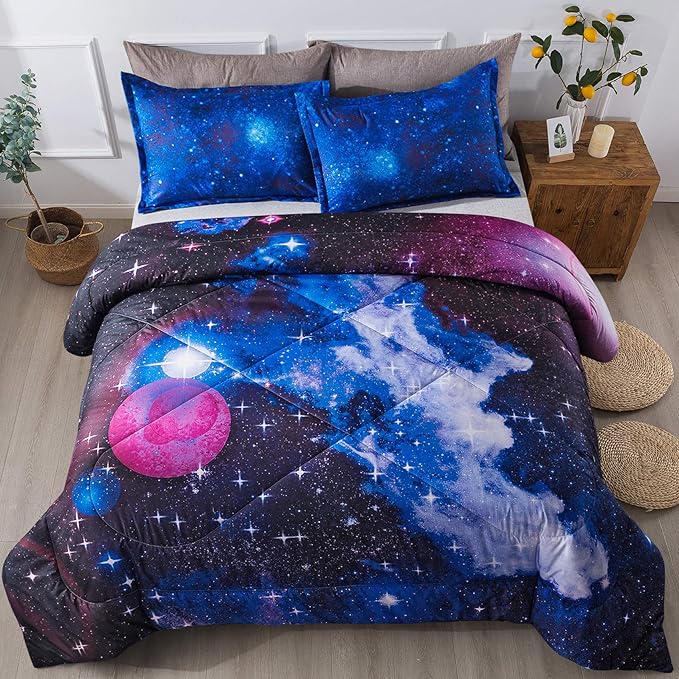 Litanika 3D Galaxy Comforter Full(79x90lnch), 3 Pieces(1 Galaxy Comforter, 2 Pillowcases), Universe Cloud Outer Space Comforter, Microfiber Bedding Set for Boys Kids - LeafyLoom
