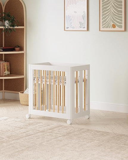Babyletto Yuzu Convertible All-Stages Bassinet, Midi, Full-Size Crib in White with Natural, Greenguard Gold Certified, Portable & Adjustable with Conversion Kits and Pads Included - LeafyLoom