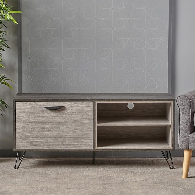 Merax Stand for TVs Up to 50 Inch, Modern Entertainment Center with Fold 2 Shelves Cable Management Media Console Table Television Cabinet for Living Room, Bedroom, 47.3" Long, Light Gray - LeafyLoom