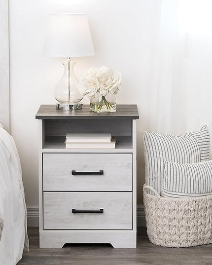 Prepac Rustic Ridge Farmhouse Nightstand with 2 Drawers and an Open Cubby, Wooden Bedside Table for Bedroom, Office, or Living Room, 16.25in x 18.75in x 24.5in, Washed White - LeafyLoom