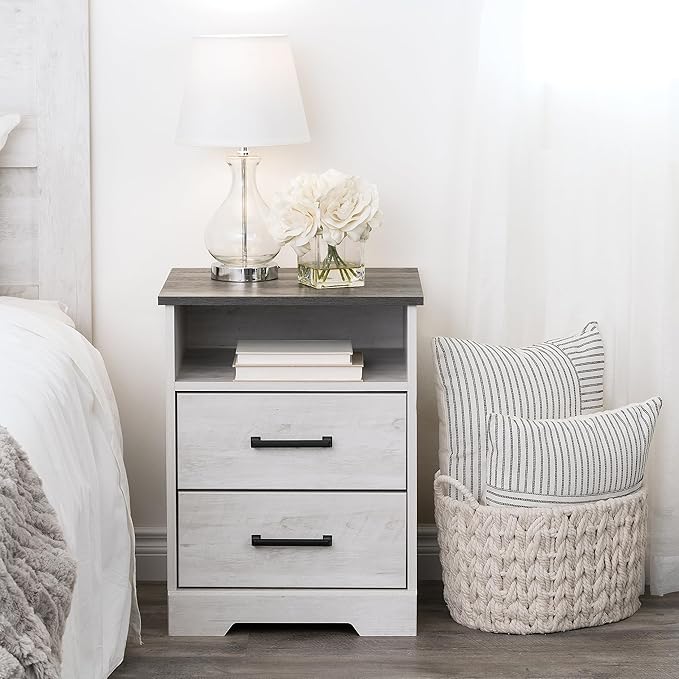 Prepac Rustic Ridge Farmhouse Nightstand with 2 Drawers and an Open Cubby, Wooden Bedside Table for Bedroom, Office, or Living Room, 16.25in x 18.75in x 24.5in, Washed White - LeafyLoom
