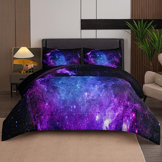 NINENINE King Size Comforter Purple Bed Set for Teen Kids Girls Galaxy Bedding Sets Printed with 1 Comforter 2Pillowcases…… - LeafyLoom