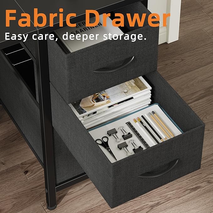 63'' Office Desk with 6 Fabric File Drawers - File Drawer Organization, Computer Work Desk, Study Writing Table, Home Office Workstation, Black - LeafyLoom