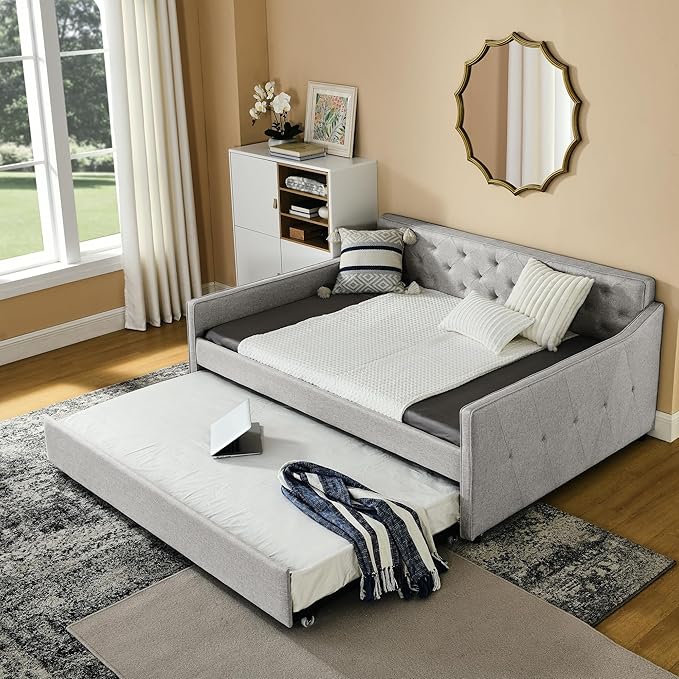 Full Size Upholstered Daybed with Twin Size Trundle, Tufted Sofa Bed w/Waved Shape Arms, for Bedroom Living Room, No Box Spring Needed & Space-Saving Design, Beige - LeafyLoom