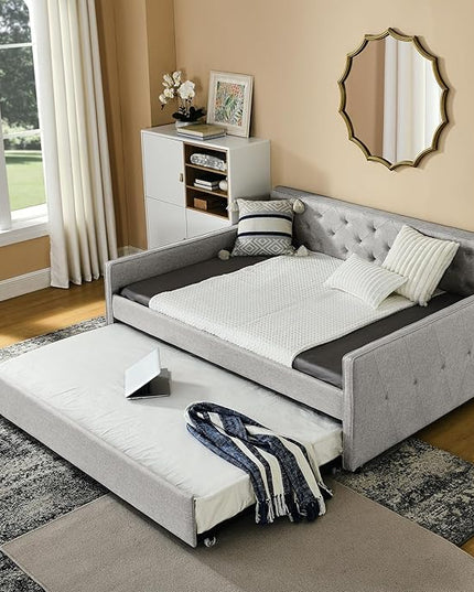 Full Size Upholstered Tufted Daybed with Twin Size Trundle, Pull Out Button on Back Bed, Waved Shape Arms for Bedroom, Living Room,No Need Boxing Spring - LeafyLoom