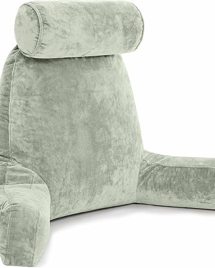 Husband Pillow XXL Desert Sage Backrest with Arms - Adult Reading Pillow Shredded Memory Foam, Ultra-Comfy Removable Microplush Cover & Detachable Neck Roll, Unmatched Support Bed Rest Sit Up Pillow - LeafyLoom