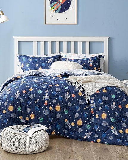 Kids Bedding Set for Boys, Twin Size 5 Pieces Space Themed Bed in a Bag, Super Soft Lightweight Microfiber Comforter Set with Sheets, Hotel Quality Durable Children Bed Set - LeafyLoom