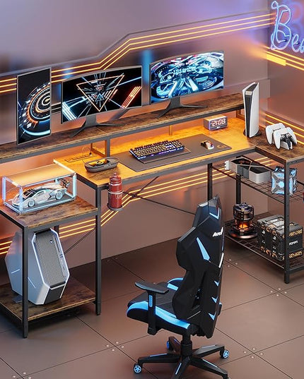 Bestier 71.5 inch Computer Desk with Power Outlets, LED Large Home Office Desk with Monitor Stand, L Shaped Corner Desk with Printer Stand Adjustable Shelf, Cup Holder & Headset Hooks, Brown - LeafyLoom