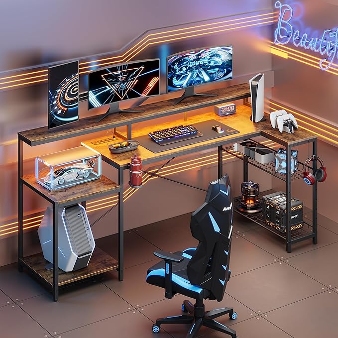 Bestier 71.5 inch Computer Desk with Power Outlets, LED Large Home Office Desk with Monitor Stand, L Shaped Corner Desk with Printer Stand Adjustable Shelf, Cup Holder & Headset Hooks, Brown - LeafyLoom