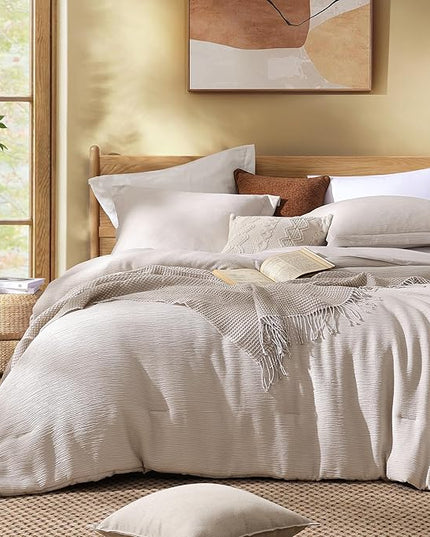 Dark Beige King Size Comforter Set, 3 Piece Summer Bedding for Textured Crinkle King Comforter Set, King Bedding Set with Minimalist Lightweight Comforter & Shams (King, 102"x90") - LeafyLoom