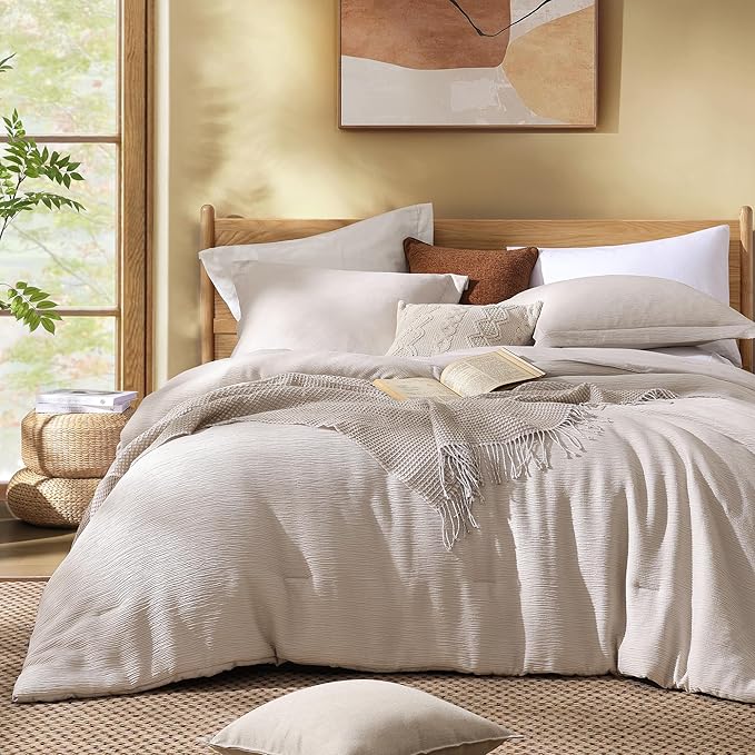 Dark Beige King Size Comforter Set, 3 Piece Summer Bedding for Textured Crinkle King Comforter Set, King Bedding Set with Minimalist Lightweight Comforter & Shams (King, 102"x90") - LeafyLoom