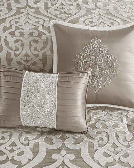 Madison Park Odette Cozy Comforter Set Jacquard Damask Medallion Design - Modern All Season, Down Alternative Bedding, Shams, Decorative Pillow, King(104 in x 92 in), Tan 8 Piece - LeafyLoom