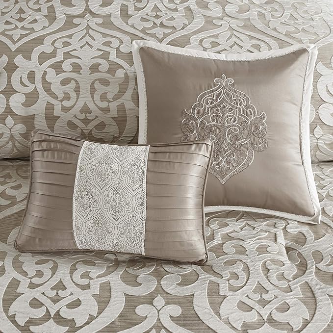 Madison Park Odette Cozy Comforter Set Jacquard Damask Medallion Design - Modern All Season, Down Alternative Bedding, Shams, Decorative Pillow, King(104 in x 92 in), Tan 8 Piece - LeafyLoom