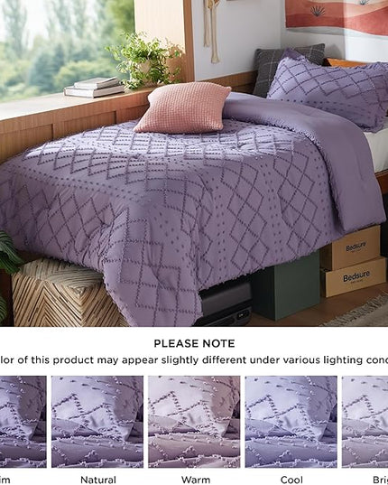Bedsure Twin/Twin XL Comforter Set - Grayish Purple Boho Twin Extra Long Comforter Set for College, Shabby Chic Dorm Bedding Set, 2 Pieces Modern Farmhouse Bed Set, includes 1 Pillow Sham - LeafyLoom