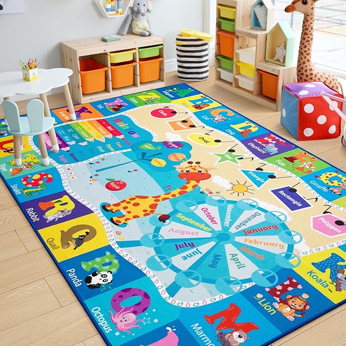 Chicrug Educational Kid Area Rug for Playroom, 4x6 Feet TPR Non Slip Kids Classroom Carpet Rug for Learning ABC Animal, Shape Color Fruit, Washable Play Mat Rug for Children Nursery Toddler Room Decor - LeafyLoom