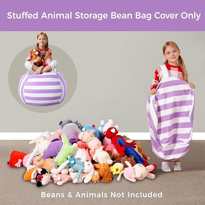 Aubliss Stuffed Animal Bean Bag Storage Chair (Purple/White Striped, Medium (32'')) - LeafyLoom