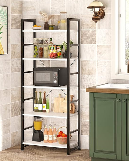 VERMESS Industrial Bookshelf, 5-Tier 24inch White Shelving Unit Wood Bookcase with Open Shelves, Rustic Standing Bookshelves Metal Frame Display Rack for Living Room,Bedroom, 24 * 11.8 * 63 inch - LeafyLoom