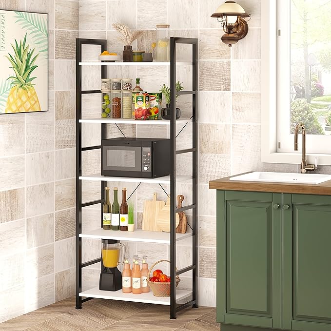 VERMESS Industrial Bookshelf, 5-Tier 24inch White Shelving Unit Wood Bookcase with Open Shelves, Rustic Standing Bookshelves Metal Frame Display Rack for Living Room,Bedroom, 24 * 11.8 * 63 inch - LeafyLoom